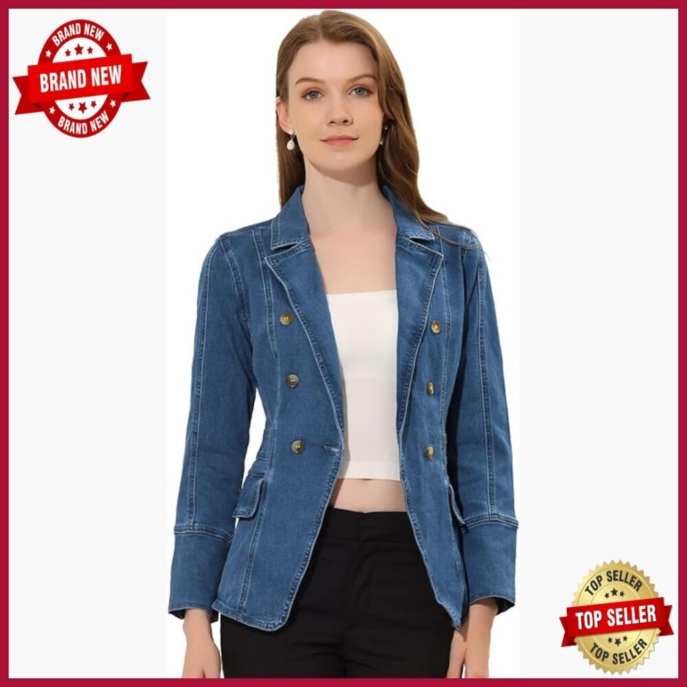 Denim Blazer Jacket Regular Fit Long Sleeve Button Down Notch Lapel